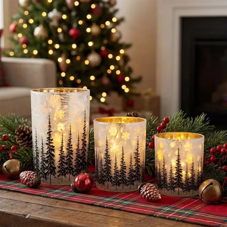 Portavelas de Cristal con Luz LED, Juego de 3 Piezas