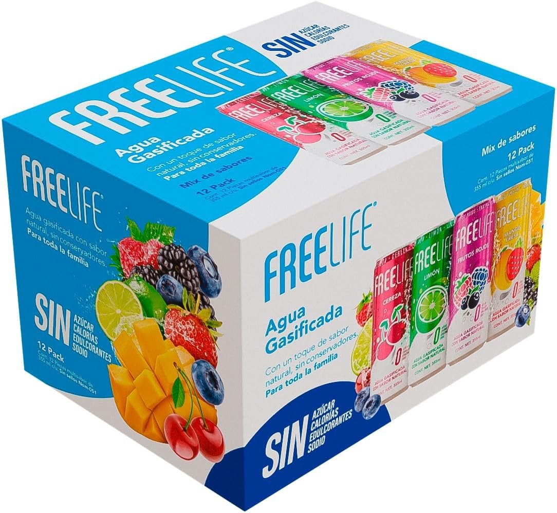 FreeLife | Agua gasificada con sabor natural de frutas, sin calorías ni endulzantes Caja 12 Pack Multi sabor de 355 ML (Cereza, Limon, Frutos Rojos, Mango Fresa)